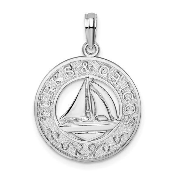 Sterling Silver Textured Turks & Caicos w Sailboat Pendant Travel Keepsake Charm - Picture 1 of 5